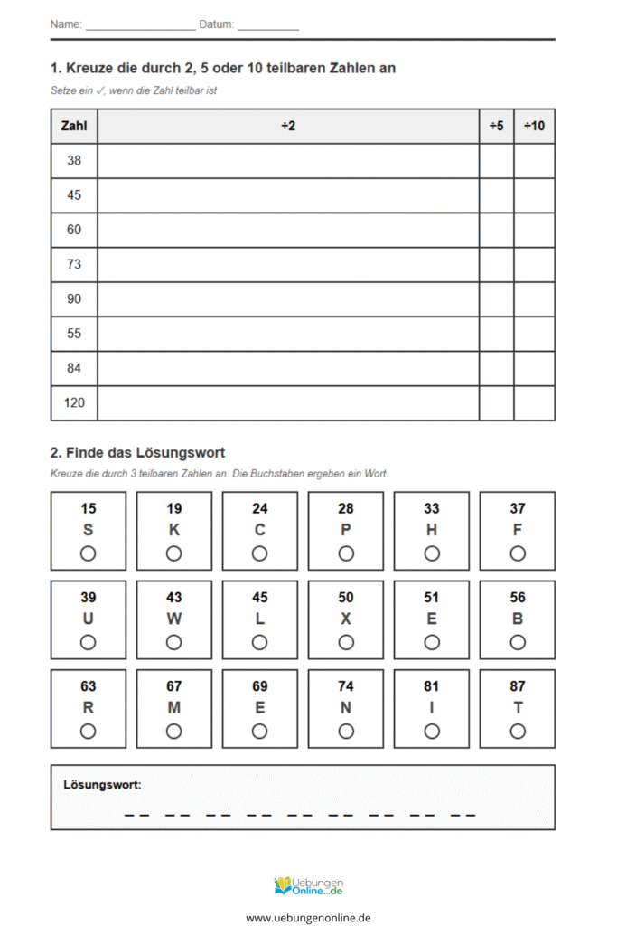 teilbarkeitsregeln übungen 4. klasse pdf